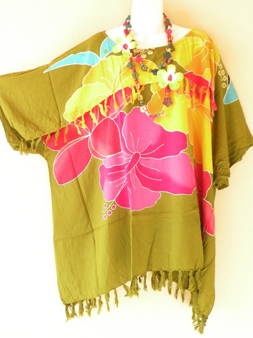 KB441 Olive Green Floral Batik Kimono Tunic Kaftan Plus Poncho Blouse